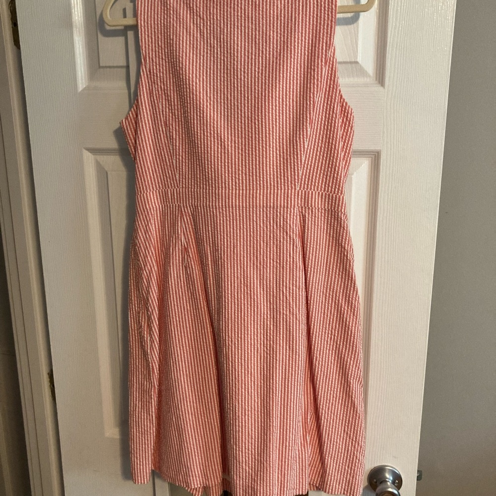 J Crew coral and white seersucker dress with ruffle neck - Picture 3 of 3